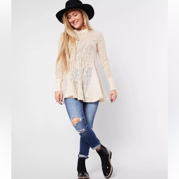 Free People Cream Lace Boho Long Sleeve Cowgirl Western Tunic Size Small - Picture 2 of 8